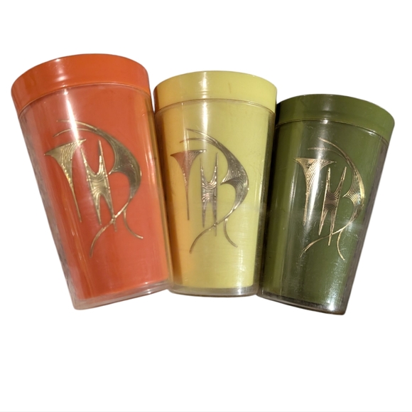 Vintage Other - Vintage MCM Gold Design Green Orange Yellow Insulated Tumblers Acrylic Cups 8oz
